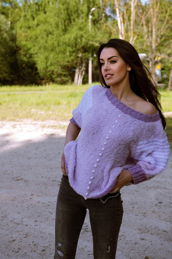 Lila trui pluizige trui fijne trui katoenen trui elegante trui losvallende trui lila oversized trui Etsy Nederland