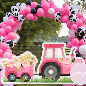 Pink Farm Tractor and Trailer, Big Cutout Party Prop, Barnyard Party Decor, Pink Farm Printable Party Decor, PDF, Instant DIGITAL DOWNLOAD