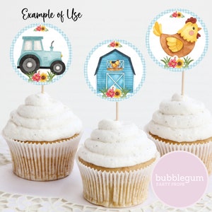 Blue Farm Cupcake Toppers, Tractor Barn & Farm Animal Cupcake Decorations, Blue Gingham Farm Party Table Decor, INSTANT DIGITAL DOWNLOAD