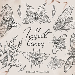 Insekten Tattoo Clipart / Käfer in Linien für holografische Sticker: Schmetterlinge, Zikade, Libelle. Clipart zum Schneiden. Format AI. SVG. PNG.