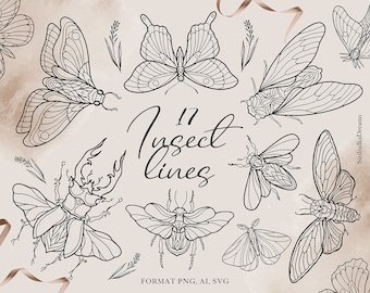 Insect tattoo clipart / Beetles in lines for holographic stickers: butterflies, cicada, dragonfly. Clipart for cutting. Format AI. SVG. PNG.