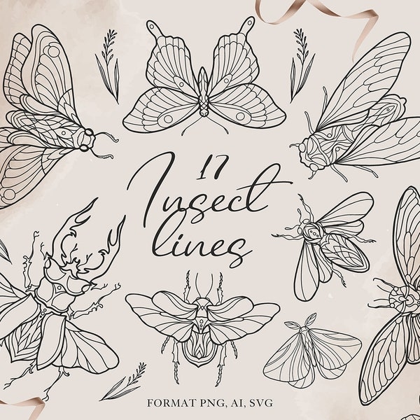 Insect tattoo clipart / Beetles in lines for holographic stickers: butterflies, cicada, dragonfly. Clipart for cutting. Format AI. SVG. PNG.