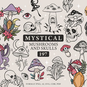 197 Mystic mushrooms and skulls clipart, SVG bundle of mushrooms ready to cut and print, tattoo  silhouettes, format ai. svg. png. cdr. pdf.