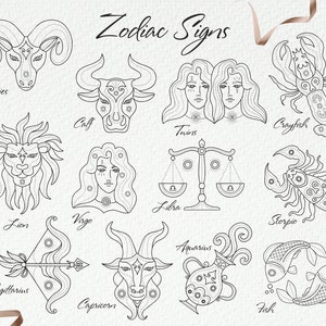 Signes du zodiaque 48 clipart. Tatouage du zodiaque. Ligne du zodiaque. Verseau, Poissons, Bélier, Taureau, Gémeaux, Cancer, Lion, Vierge, Scorpion. Formatez l’IA. Papouasie-Nouvelle-Guinée.