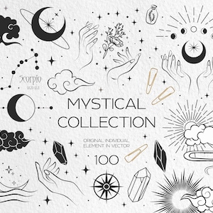 Mystieke clipart collectie 100 + items, zwarte kleur magie cliparts, dierenriem, maan, zon, heksen handen, kristallen, patroon, formaat elementen AI. SVG. PNG.