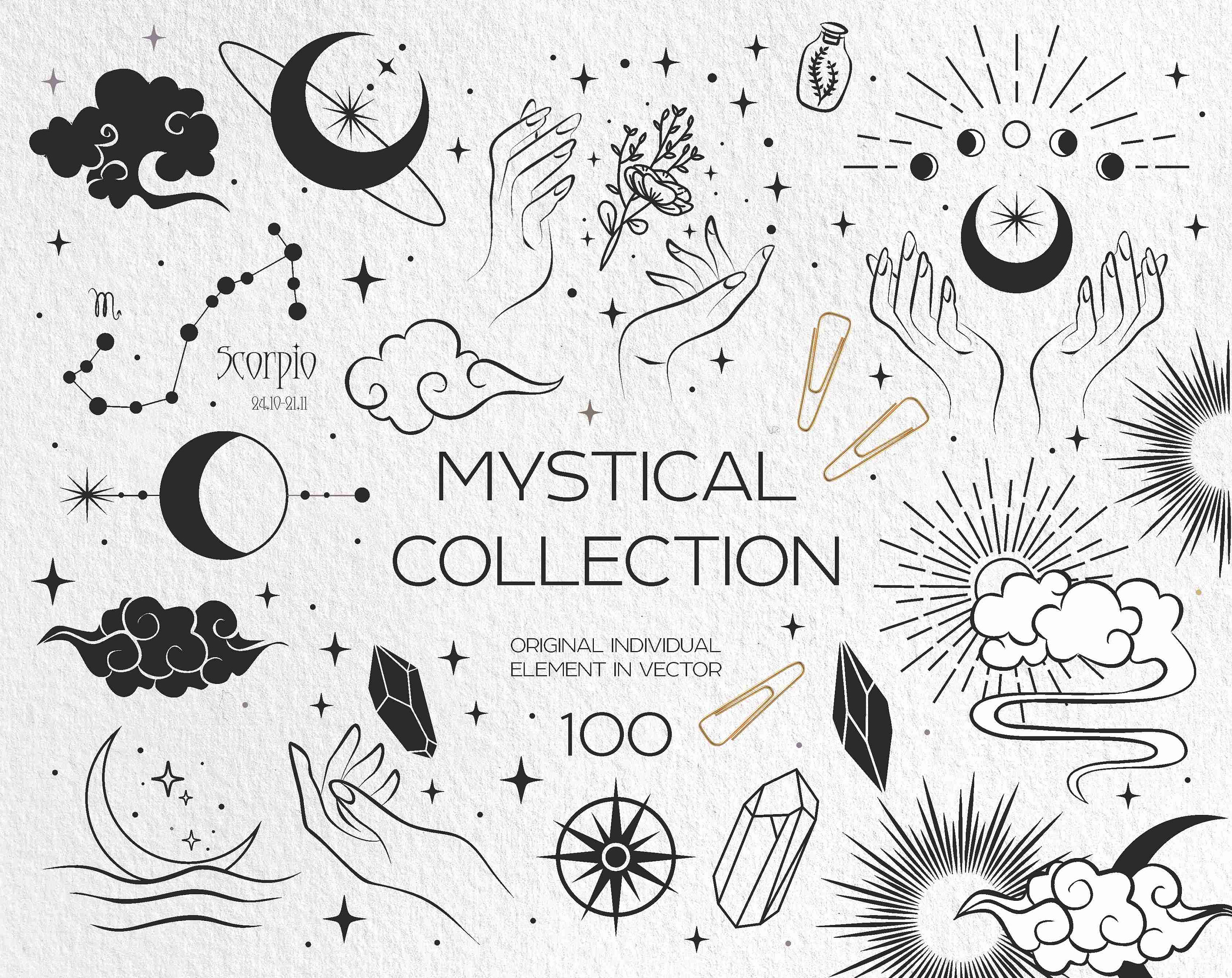 Mystic clipart collection 100+ items, black color magic cliparts, zodiac,moon,sun,witch hands,crystals,pattern,format elements AI. SVG. PNG.