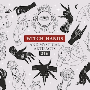 216 Black silhouettes witch hands and mystical artifacts clipart, SVG bundle ready to cut, tattoo  silhouettes, format ai. svg. png. cdr.