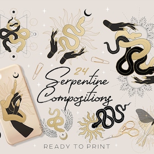 24 Serpentine composities clipart, slangen clipart, mystieke clipart. Geometrische composities. Python, cobra, melkslang. AI formatteren. SVG. PNG.