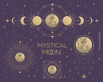 Mystical golden moons clipart,18 printable compositions.Sacred geometry,stars,sky clipart.Stickers holographic.Format elements AI. SVG. PNG.
