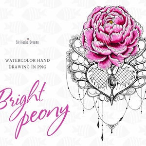 Bright watercolor pink peony with lace patterns hand drawing. Pink peony PNG format. rint-ready instant download. Bright watercolor stains