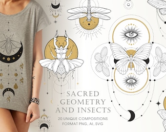 Sacred geometry and insects clipart: butterflies, cicada, dragonfly. Mystical symbols. format AI. SVG. PNG. Commercial license included!