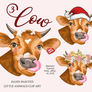 Cute cow clipart. Сow in a flower wreath, New Year&#39;s cow. Cow portrait, animal portrait. Cute animal.Instant download. Format PNG. AI. SVG.
