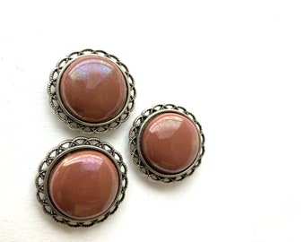 3 Pearly Terracotta Pink Glossy Enamel Buttons, Metal Crown, Quirky Buttons, Designer Buttons, 70's Vintage Fashion