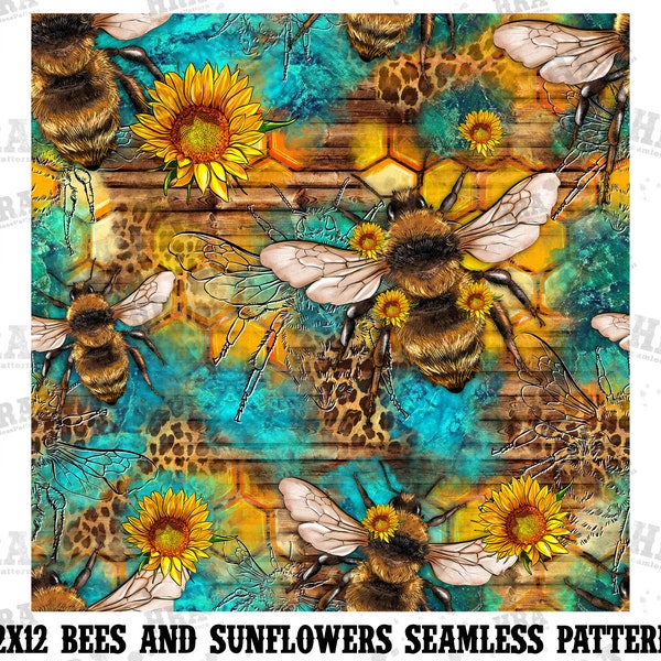 Western Bees And Sunflowers Seamless Pattern Png Sublimation Design, Leopard Bees Seamless Pattern Png, Turquoise Pattern Png Downloads