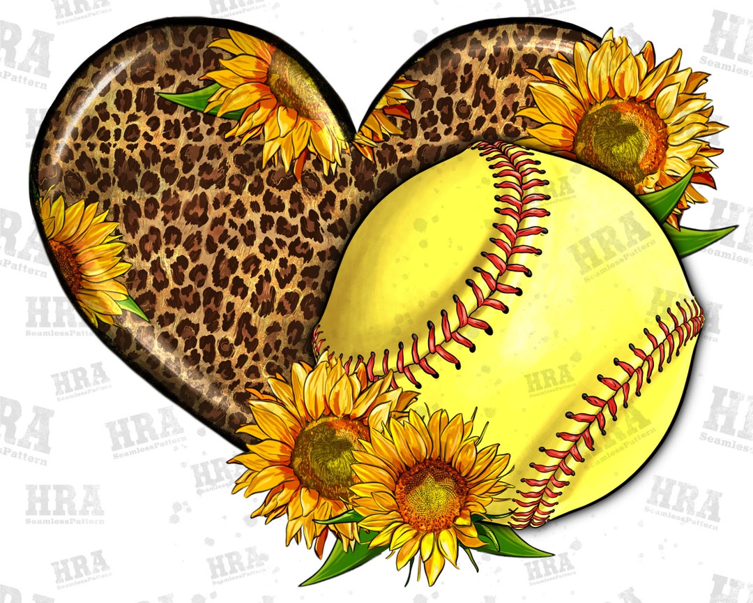 Western Softball Heart With Sunflowers Png Sublimation Design, Softball Love Png, Leopard