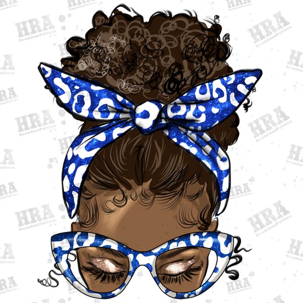 Sorority colors blue and white messy bun png sublimation design download, afro woman png, sorority colors png, sublimate designs download