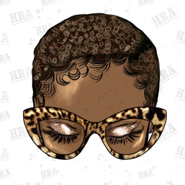 Afro short hair png sublimation design download, black woman png, afro png, leopard glasses png, short hair afro png, sublimate download