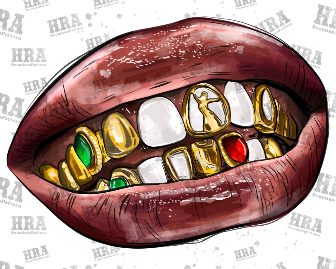 Teeth With Gold Grillz Png Sublimation Designgold Teeth Etsy