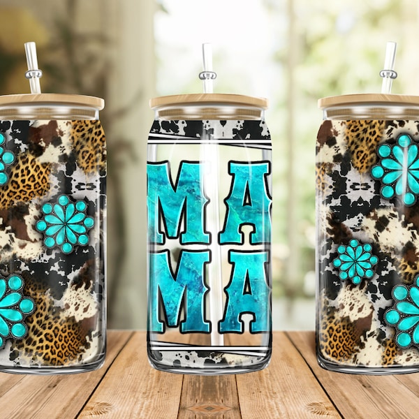 Western Cowhide Mama Libbey Glass Png Sublimation Design, 16oz Libbey Cup Png, Leopard Gemstone Mama Glass Can Beer Png, Mama Png Downloads