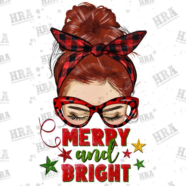 Redhead Messy Bun Merry And Bright Png Sublimation Design, Redhead Woman Png, Messy Bun Png, Merry And Bright Png, Christmas Png Download