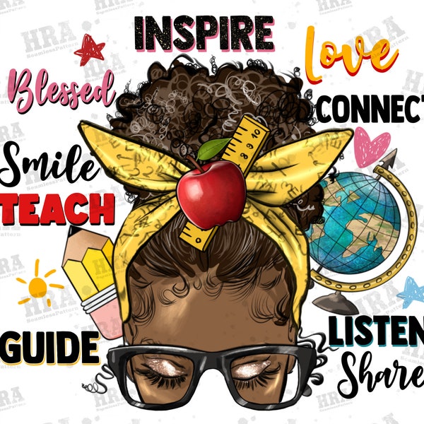 Afro messy bun teach inspire love Teacher png sublimation design download, Teacher's Day png, black Teacher png, sublimate designs download