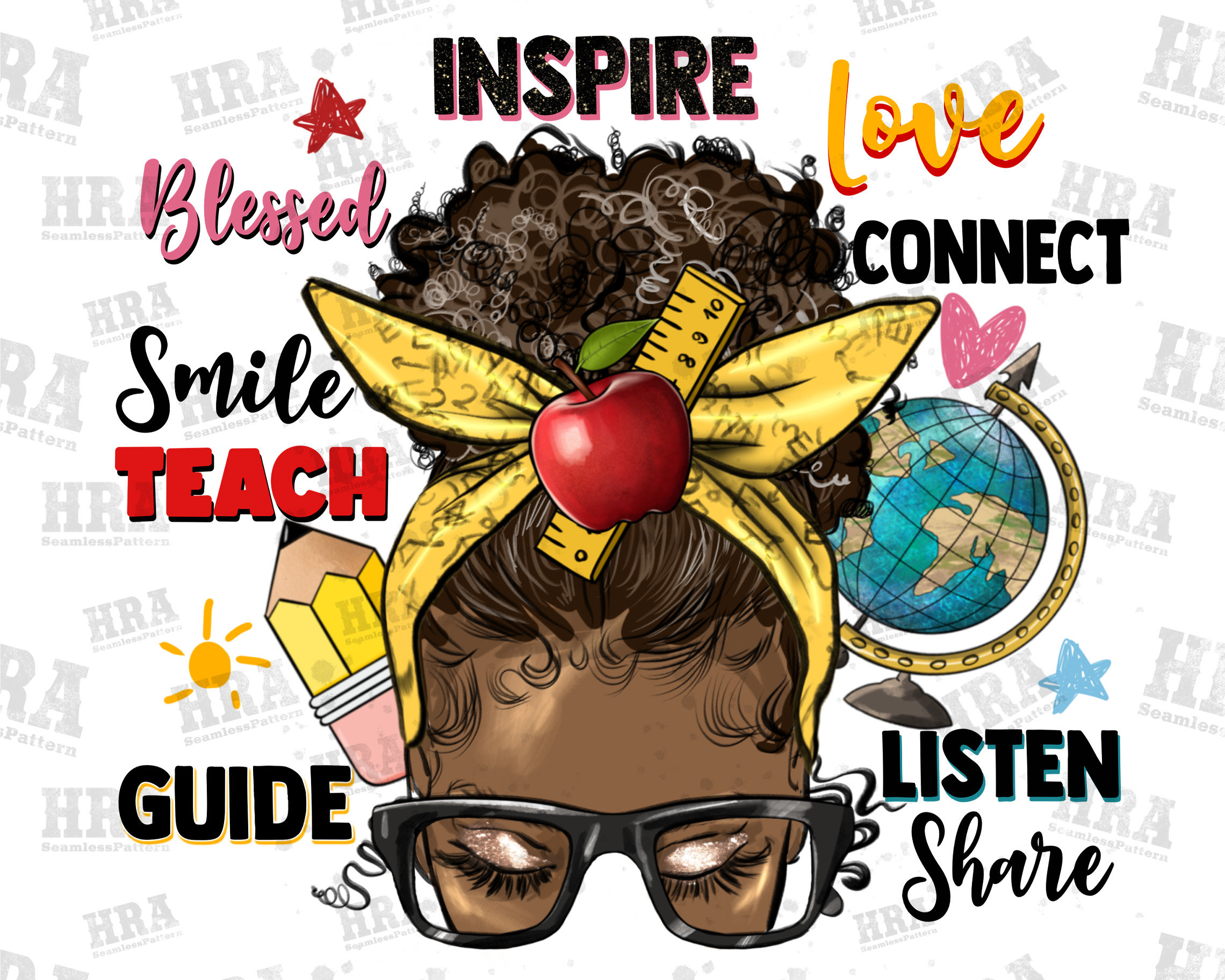 Afro messy bun teach inspire love Teacher png sublimation design download, Teacher's Day png, black Teacher png, sublimate designs download