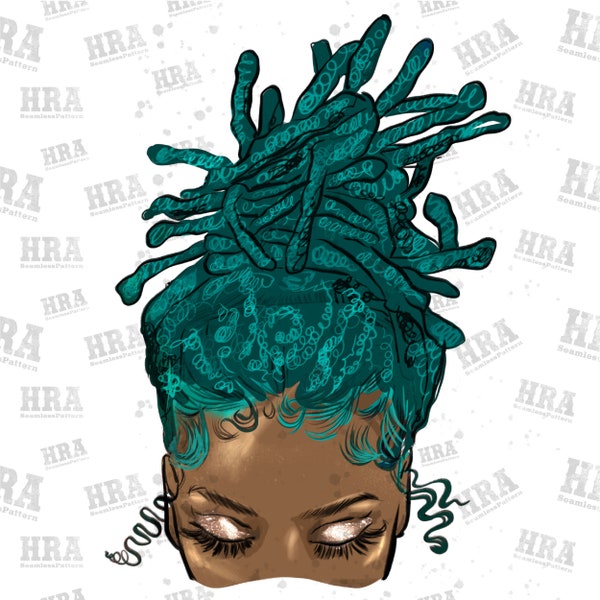 Afro messy locs hair aqua color png, black woman Png, Afro Messy Bun png, afro with locs png,  locs hair aqua color png, sublimate download