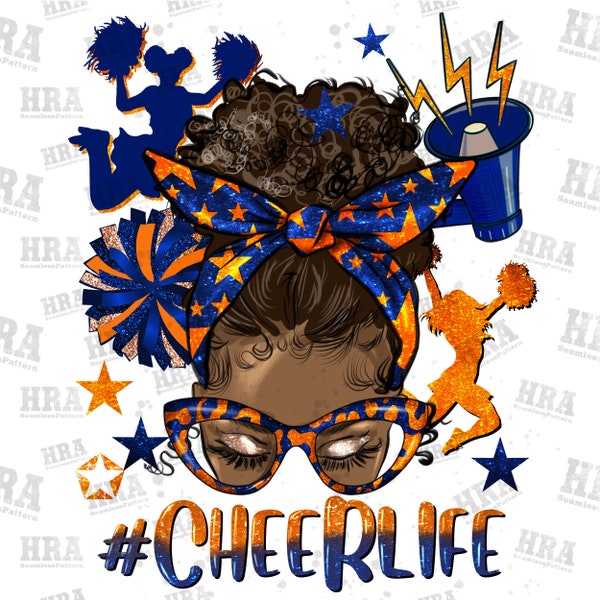 Afro messy bun cheer life blue and orange png, school spirit png, cheer png, messy bun png, afro messy bun png, sublimate designs download