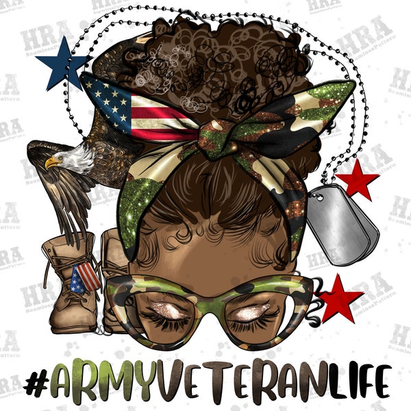 Western Afro Army Veteran Life Messy Bun Png Sublimation Design, Usa Flag Messy Bun Army Veteran Png, Army Veteran Life Png,Digital Download