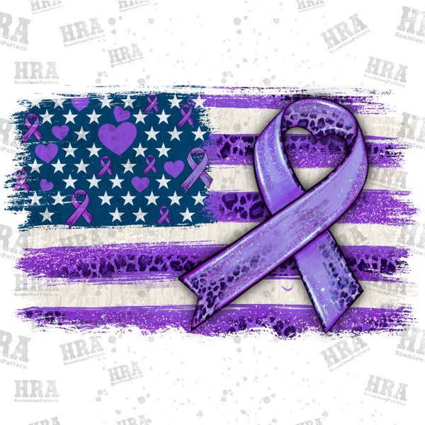 American flag and purple ribbon png sublimation design download, cancer awareness png, purple ribbon png, sublimate designs download
