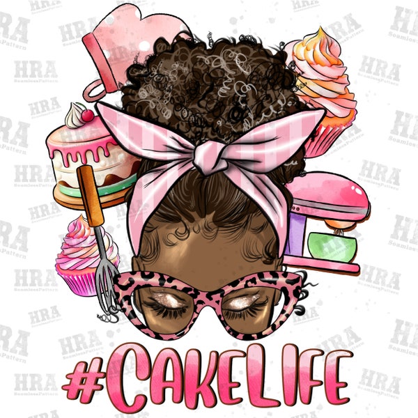 Afro messy bun cake life png sublimation design download, cooking png, cake life png, black woman png, sublimate designs download