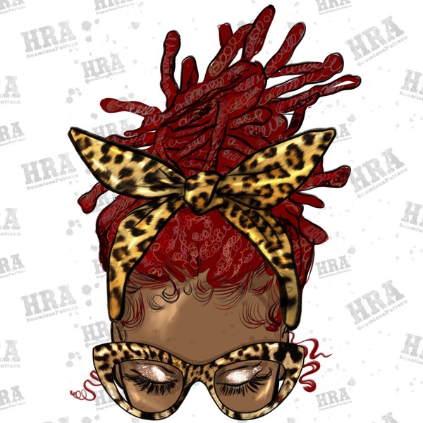 Afro Messy Bun Red Locs Hair Leopard Png Sublimation Design, Black Woman Png, Afro Messy Bun Png, Afro With Locs Png, Red Locks Png Download