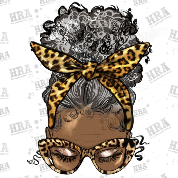 Afro Messy Bun Gray Hair Leopard Png Sublimation Design, Afro Messy Bun Png, Afro Gray Hair Png, Leopard Messy Bun  Png, Digital Download