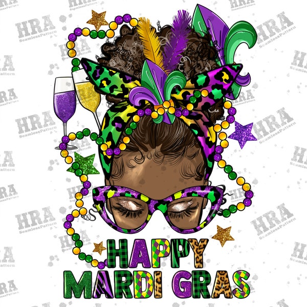 Happy Mardi Gras afro messy bun png sublimation design download, afro woman png, Mardi Gras png, afro Mardi Gras png, sublimate download