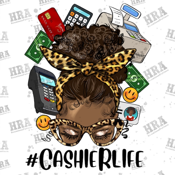 Afro Messy Bun Cashier Life Png Sublimation Design, Black Women Cashier Life Png, Messy Bun Cashier Life Png, Cashier Life Png Download