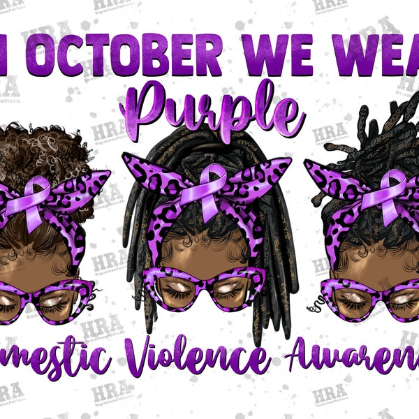 Afro messy bun in October we wear purple png sublimation design download, Domestic Violence Awareness png, sublimate designs download