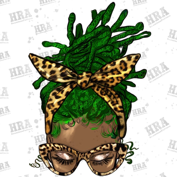 Afro Messy Bun Green Locs Hair Leopard Png Sublimation Design,Black Woman Png,Afro Messy Bun Png,Afro With Locs Png,Green Locks Png Download