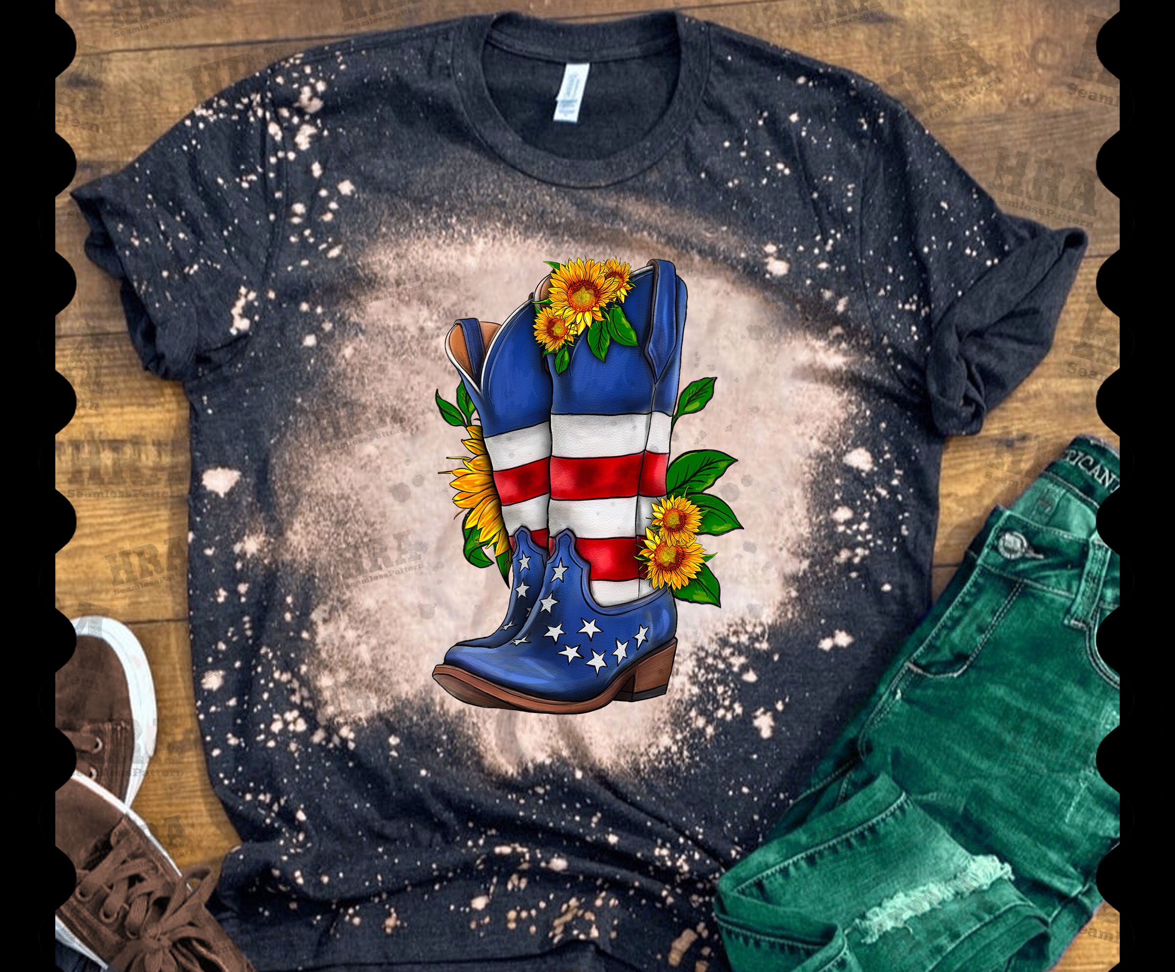 ヤマト　WESTERN SHIRTS アメリカン・アート・デザイン 洋書 Western American Cowboy Boots With Sunflowers Png