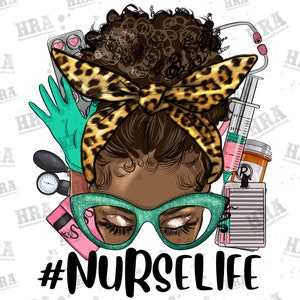 Western Afro Nurse Life Messy Bun Png Sublimation Design, Leopard Messy Bun Nurse Png,Nurse Png,Nurse Life Png,Nursing Png Downloads