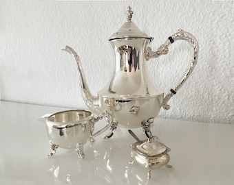 SET 3-teilig Silber > Teekanne, Milchkännchen, Süßsoffschälchen, Vintage, wohl versilbert