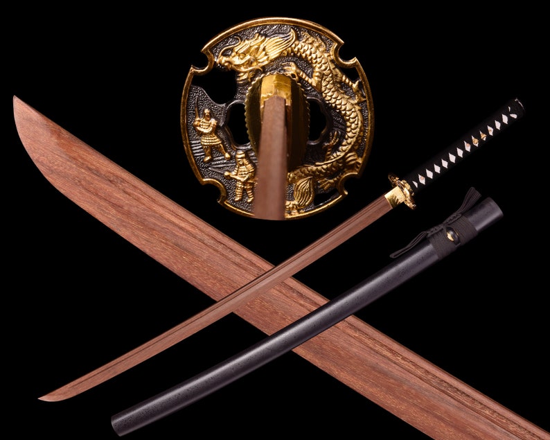 Hand-forged Japanese Samurai Anime Wooden Knife Katana Wooden Training Knife Collectible Knife Rosewood Blade(Golden Dragon) 