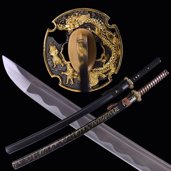 Katana dragon fait main - Katana japonais, véritable épée katana samouraï tranchante, pleine soie, 1060 épées prêtes au combat en acier à haute teneur en carbone, 40,5 pouces