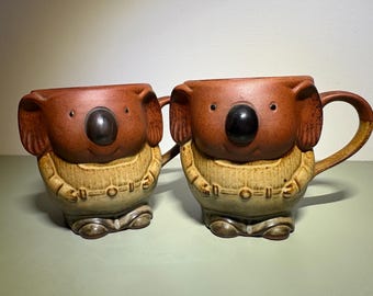 Tazas Koala de cerámica Gempo vintage, juego de 2, cerámica japonesa de gres de los años 70.