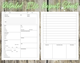 May include: A detailed ICU report sheet with sections for patient information, neurological assessments, and vital signs. The sheet includes space for notes, labs, and shift updates. The title "Detailed ICU Report Sheet" is written in a cursive font.