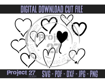 Doodle Hearts and Heart Balloon Digital Download Cut File - svg png dxf jpg jpeg pdf - for cricut / silhouette cameo