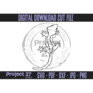 May include: A black and white line art illustration of a gecko lizard. The image is a digital download cut file for crafting projects. The image includes the text "Project 27 Design".