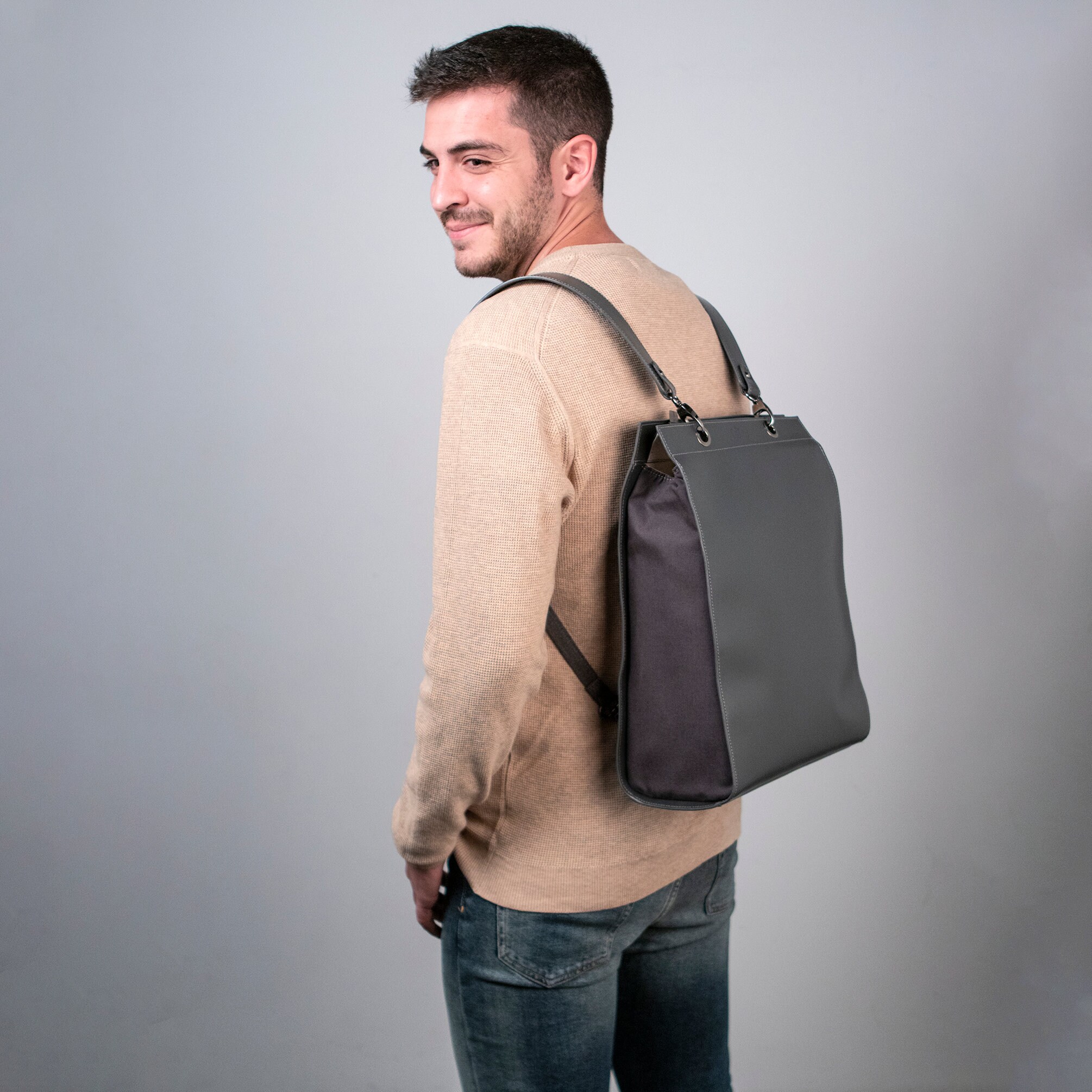 Minimal Gray Leather Laptop Backpack Convertible Bag  display picture 1