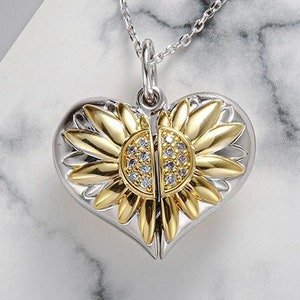 Heart Necklace Sunflower Pendant With You Are My Sunshine Words Round Cut Simulated Diamond 925 Sterling Silver