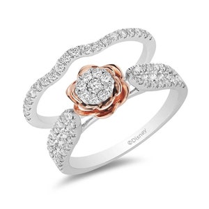 Enchanted Disney Fine Jewelry 14K White Gold and Rose Gold with 3/4 CTTW Belle Rose Bridal Set Wedding Ring