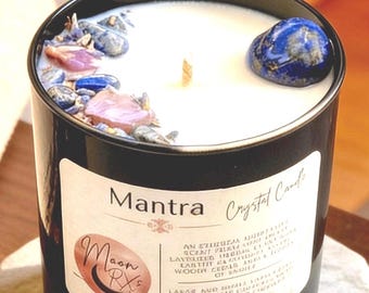 Meditation Mantra Crystal Candle | Ritual Candle | lavender + clary sage + patchouli | Grounding + Manifestation | Intention Setting |